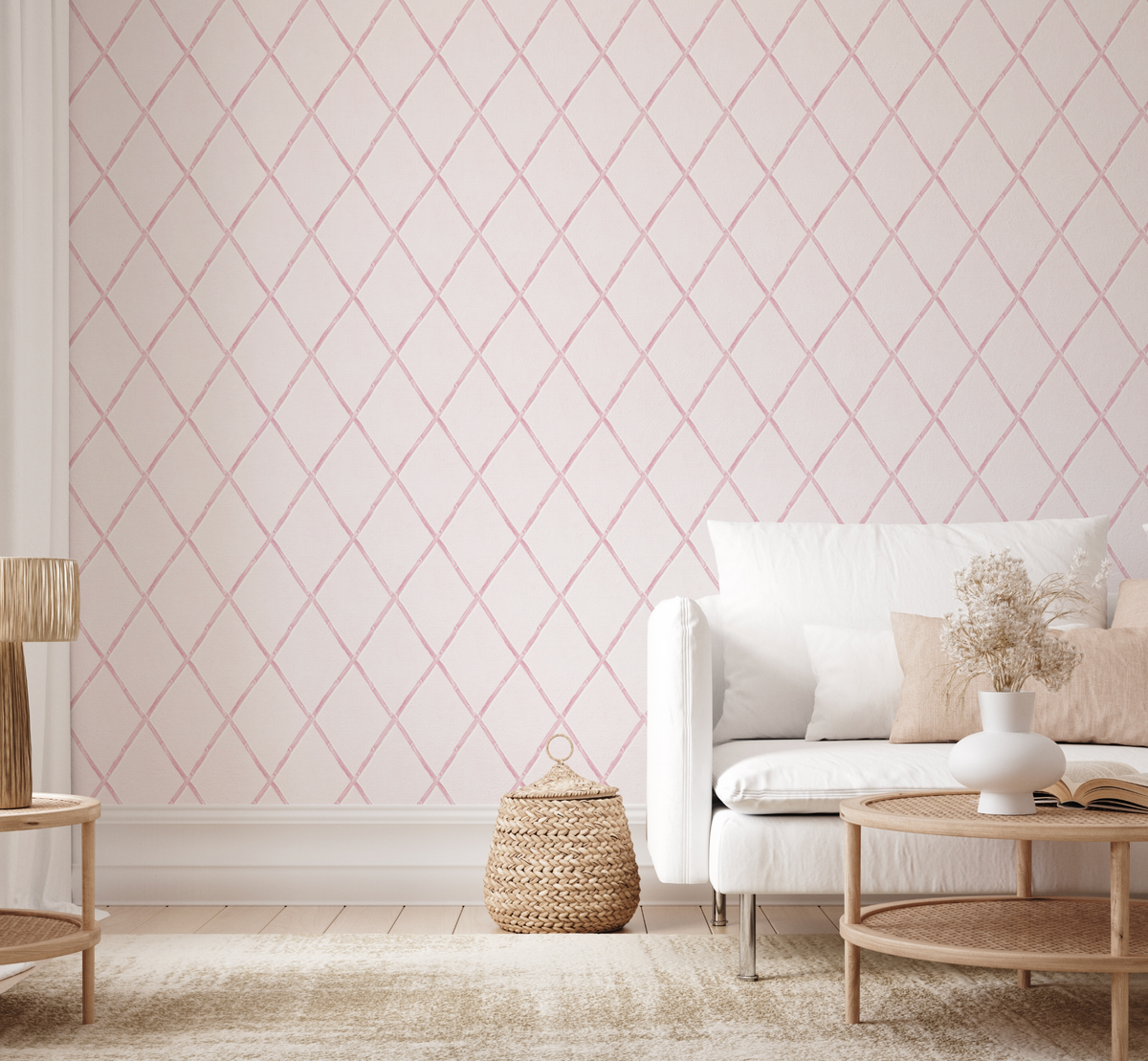 Bamboo Lattice in Soft Pink Wallpaper from Olive et Oriel where you can shop wallpaper and artworks online