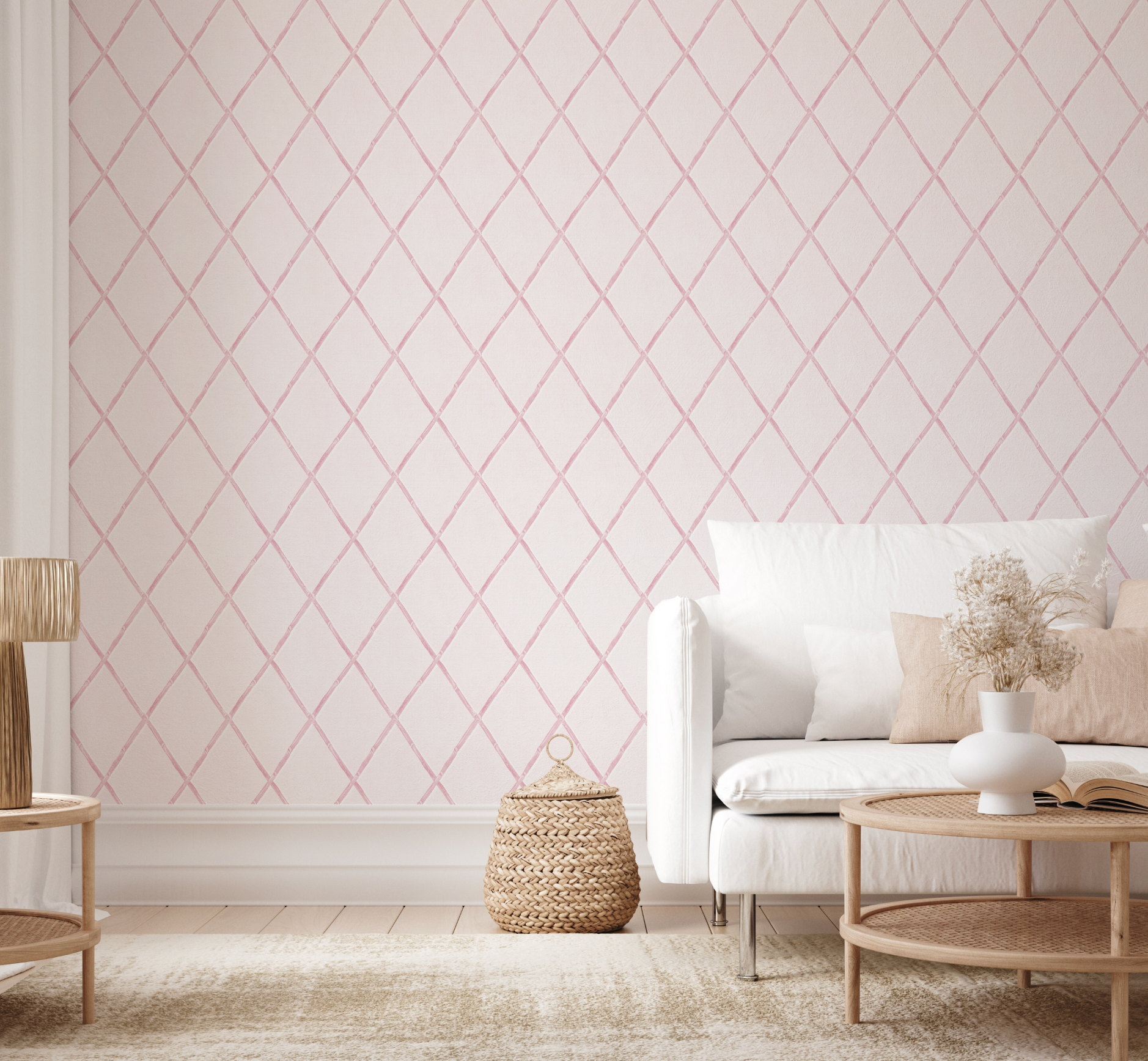 Bamboo Lattice in Soft Pink Wallpaper