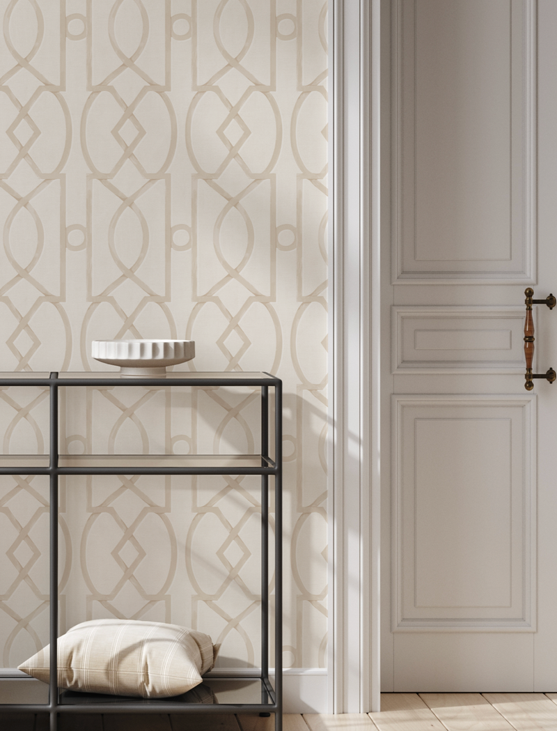 Trellis Luxe in Heritage Beige Wallpaper from Olive et Oriel where you can shop wallpaper and artworks online