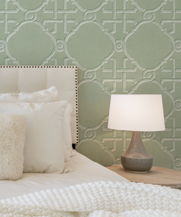 Extravagant Trellis in Sage Green Wallpaper from Olive et Oriel where you can shop wallpaper and artworks online
