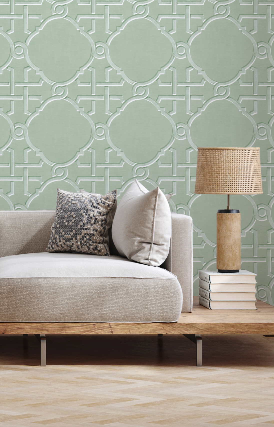Extravagant Trellis in Sage Green Wallpaper from Olive et Oriel where you can shop wallpaper and artworks online