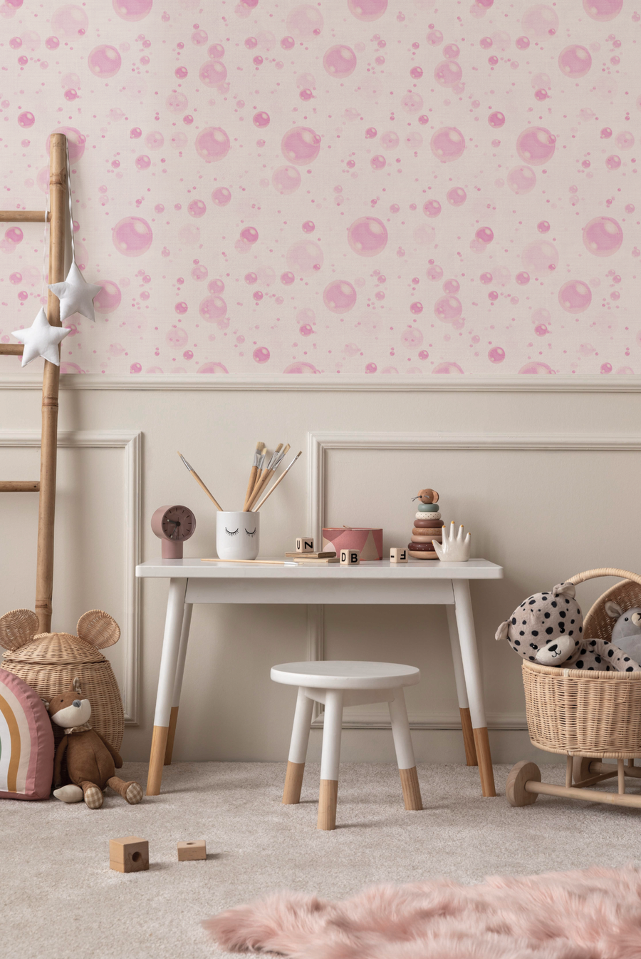 Dream House Bubbles In Pink Wallpaper from Olive et Oriel where you can shop wallpaper and artworks online