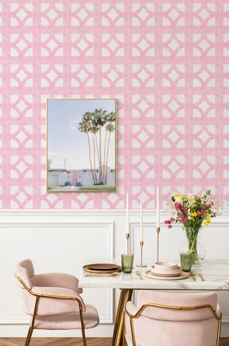 Breeze Blocks in Palm Springs Pink Wallpaper from Olive et Oriel where you can shop wallpaper and artworks online