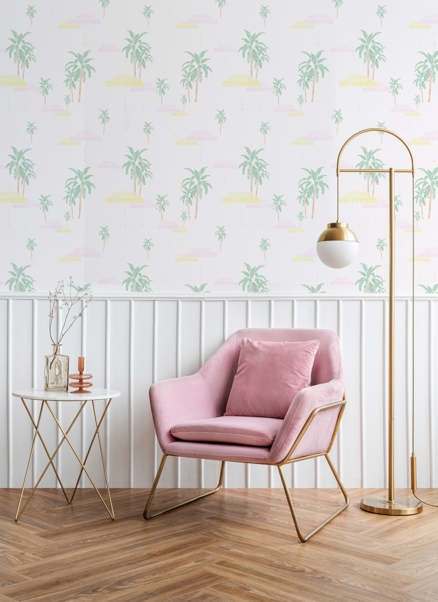 Pool Side Umbrellas Pink On White Wallpaper from Olive et Oriel where you can shop wallpaper and artworks online