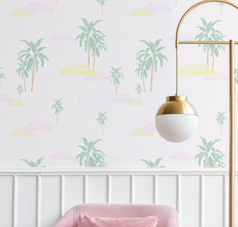 Pool Side Umbrellas Pink On White Wallpaper from Olive et Oriel where you can shop wallpaper and artworks online
