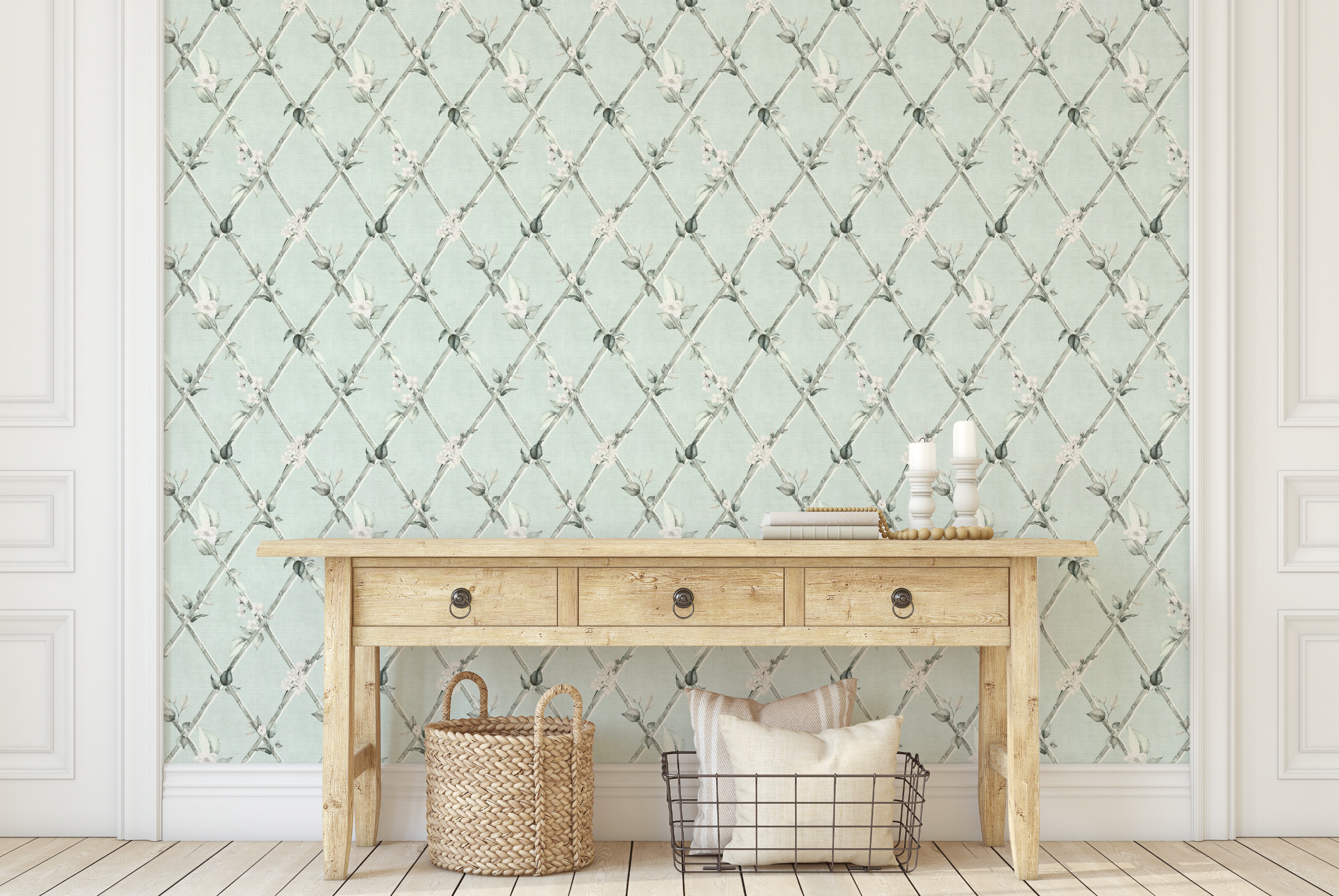 Bamboo Florals in Mint Green Wallpaper