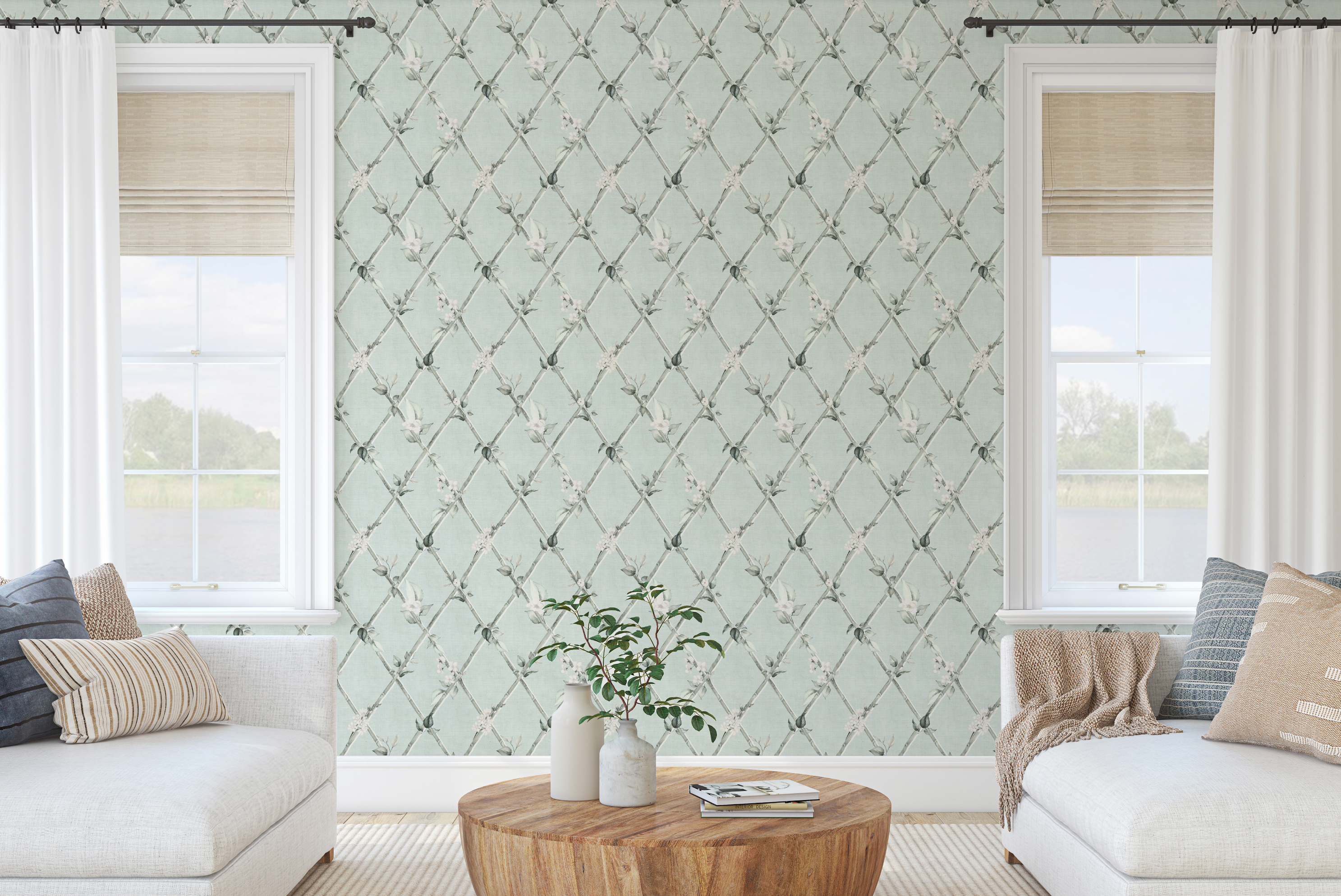 Bamboo Florals in Mint Green Wallpaper