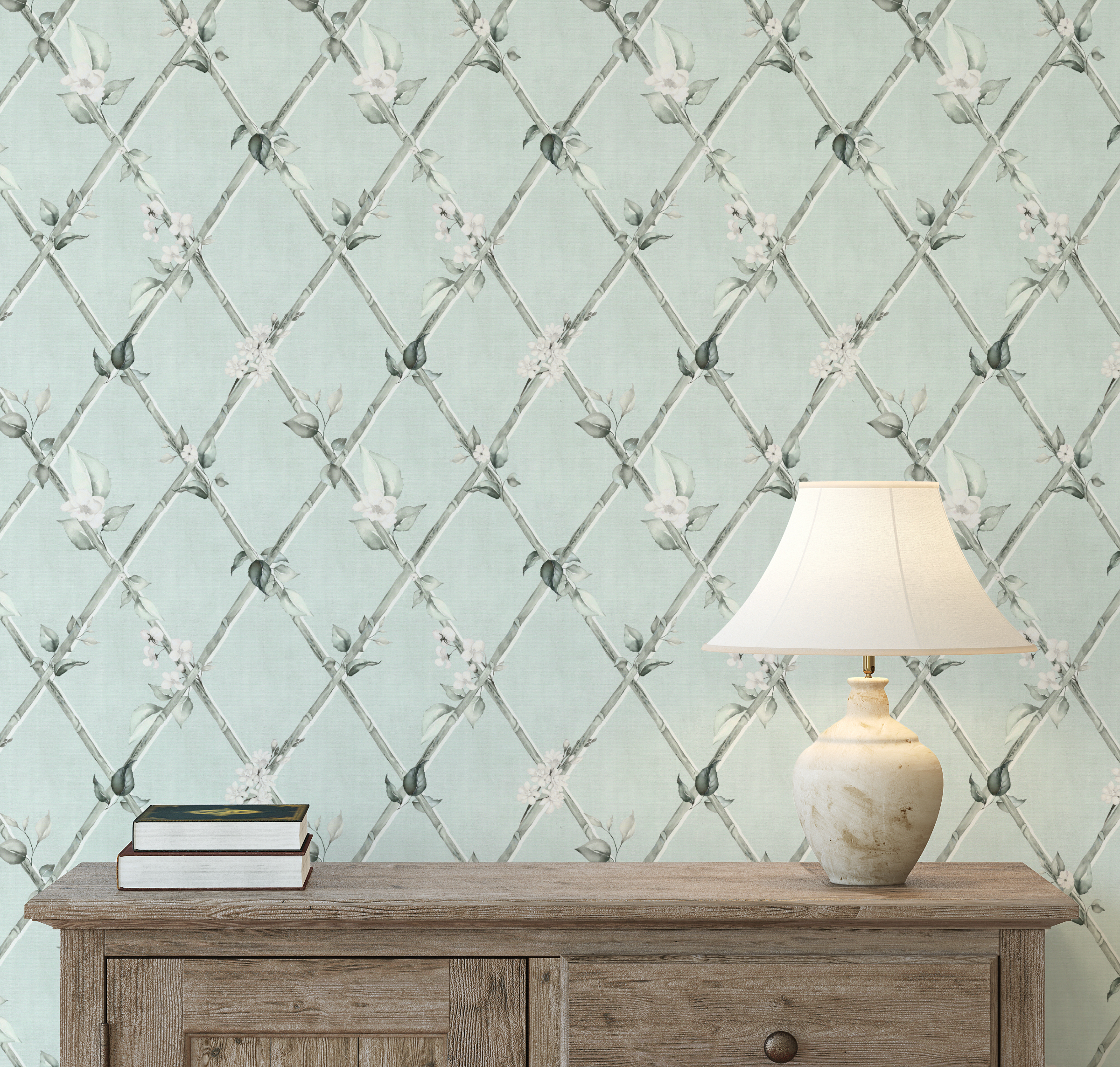 Bamboo Florals in Mint Green Wallpaper