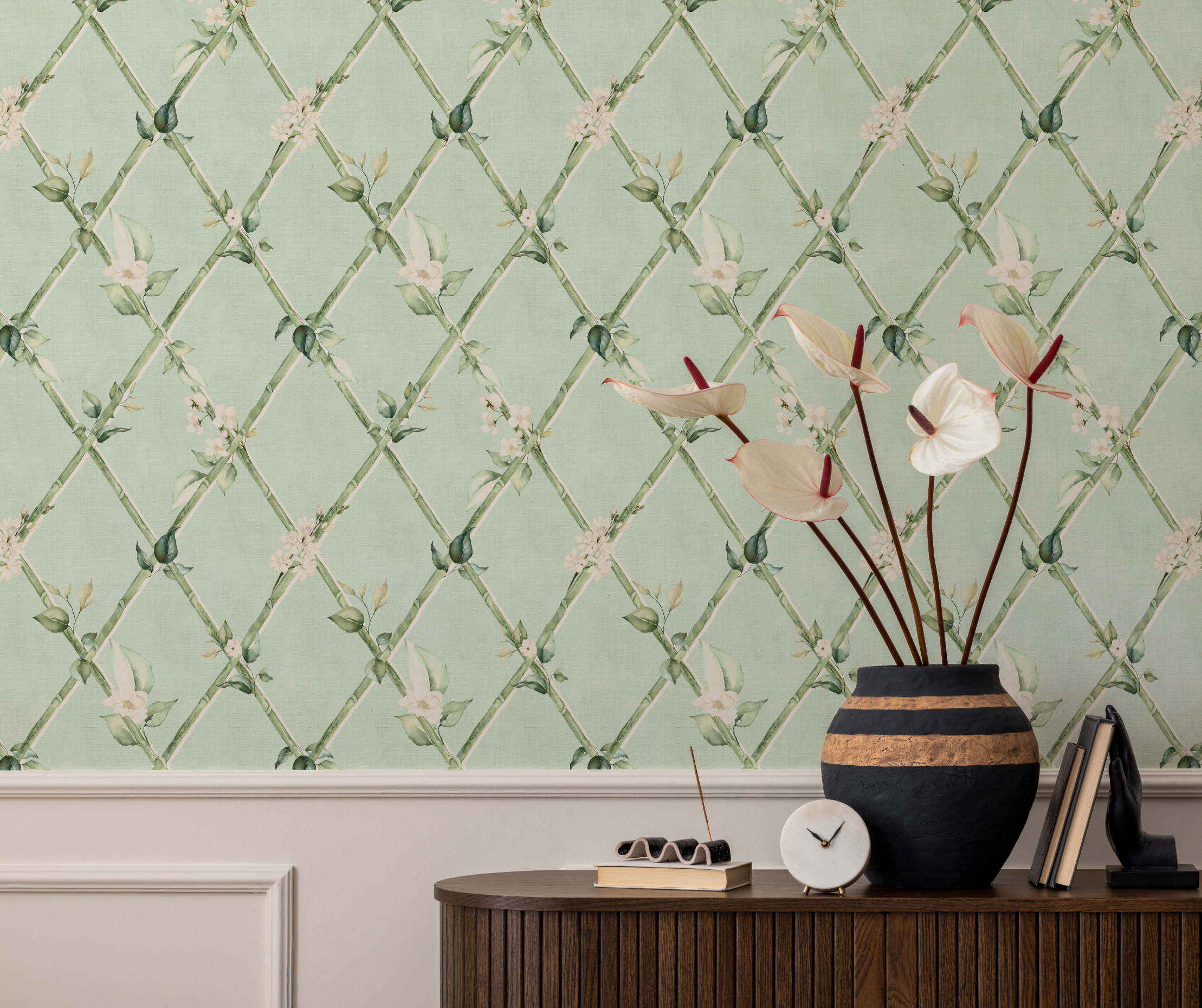 Bamboo Florals in Garden Green Wallpaper