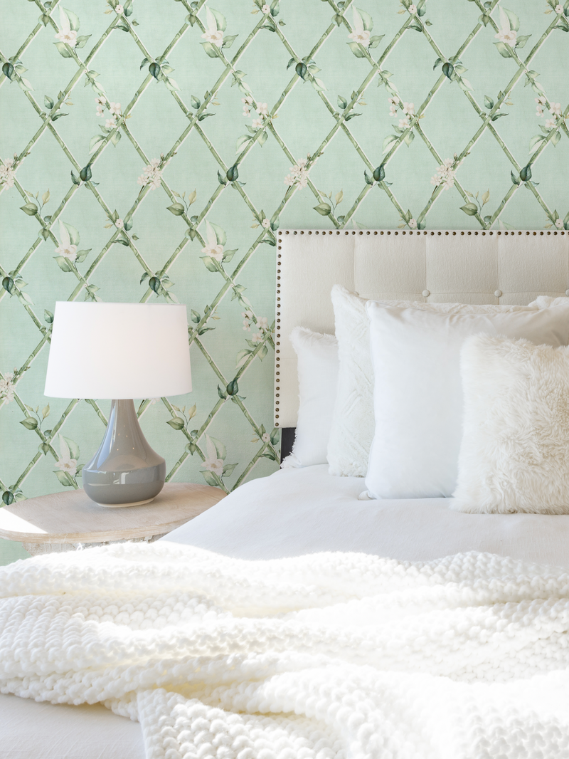 Bamboo Florals in Garden Green Wallpaper from Olive et Oriel where you can shop wallpaper and artworks online