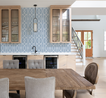 Trellis Luxe in White On Blue Wallpaper from Olive et Oriel where you can shop wallpaper and artworks online