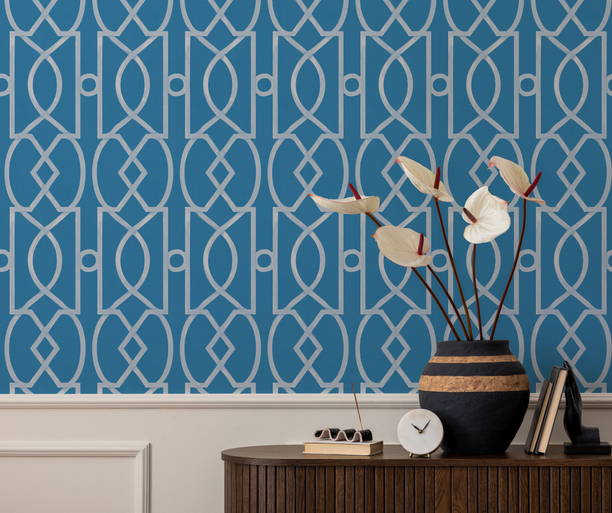 Trellis Luxe in Cerulean blue Wallpaper from Olive et Oriel where you can shop wallpaper and artworks online