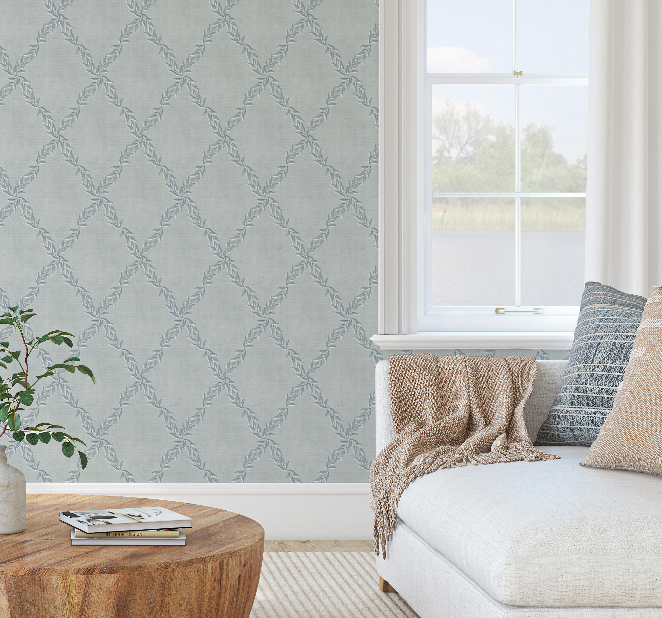 Leafy Lattice in Blue Grey Wallpaper