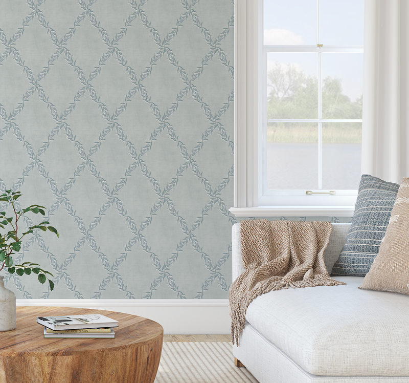 Leafy Lattice in Blue Grey Wallpaper from Olive et Oriel where you can shop wallpaper and artworks online