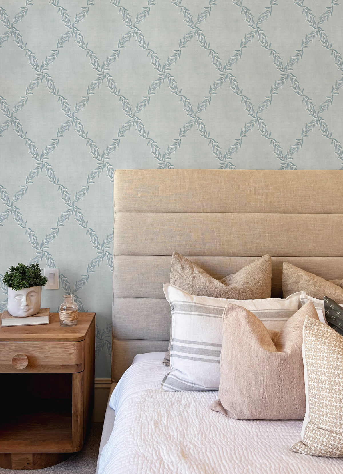 Leafy Lattice in Blue Grey Wallpaper from Olive et Oriel where you can shop wallpaper and artworks online