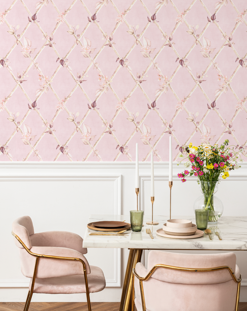 Bamboo Florals in Country Pink Wallpaper from Olive et Oriel where you can shop wallpaper and artworks online