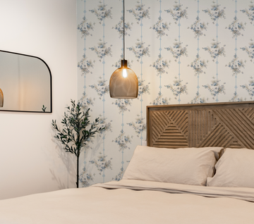 Country Floral Stripes in Blue Wallpaper from Olive et Oriel where you can shop wallpaper and artworks online