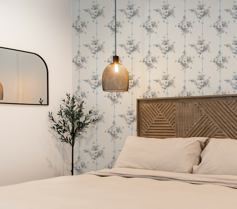 Country Floral Stripes in Blue Wallpaper from Olive et Oriel where you can shop wallpaper and artworks online