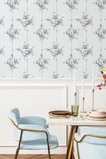 Country Floral Stripes in Blue Wallpaper