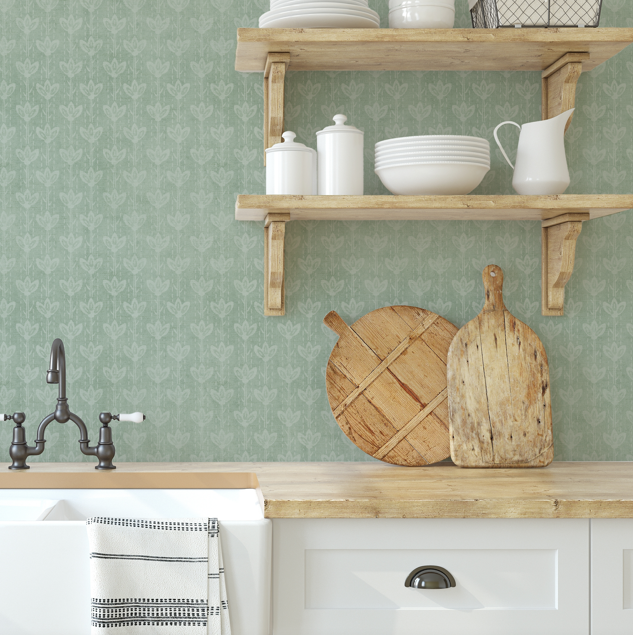 Farm House Flower Stem in Sage Green Wallpaper