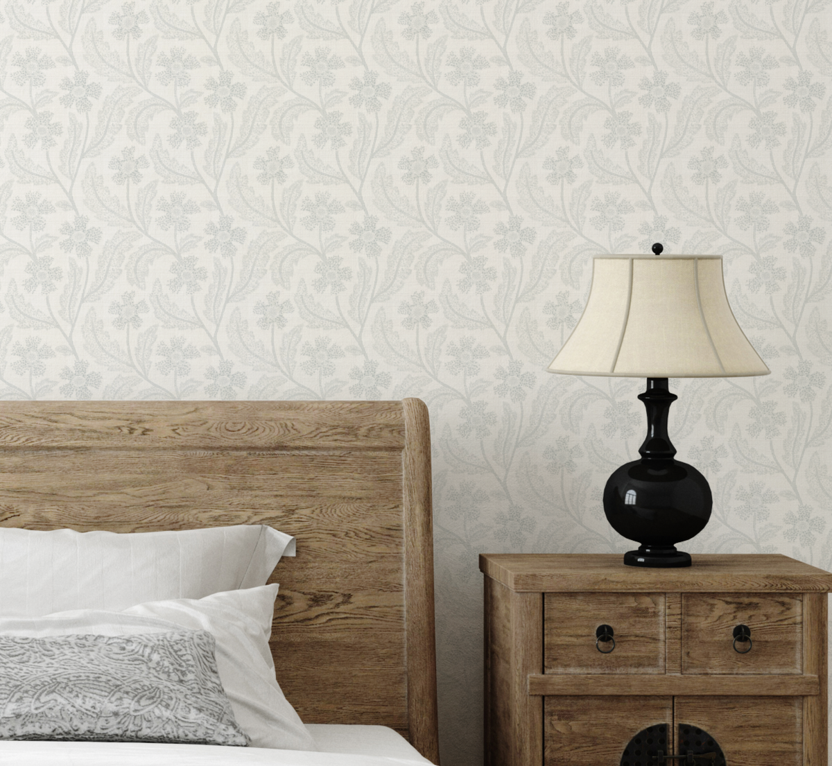 Farmhouse Flowers Faint Blue & Grey Wallpaper from Olive et Oriel where you can shop wallpaper and artworks online