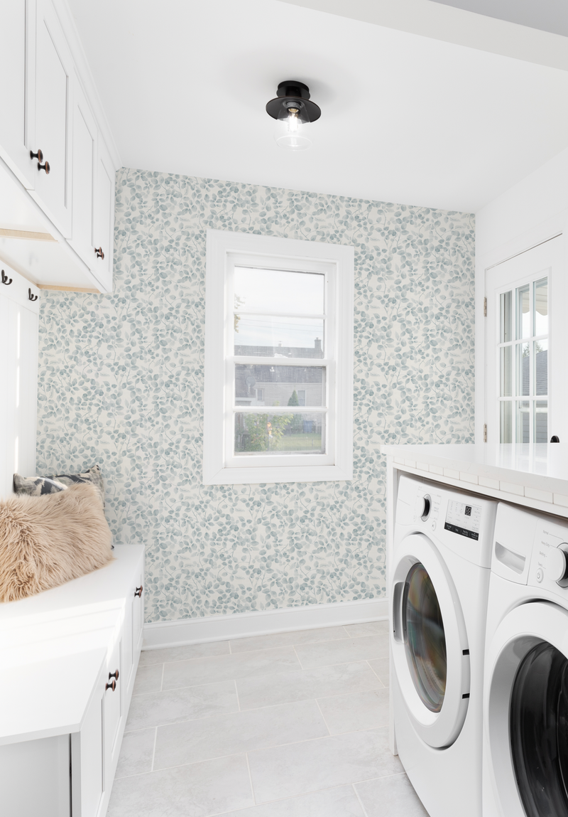 Leafy Country Foliage in Blue & White Wallpaper from Olive et Oriel where you can shop wallpaper and artworks online