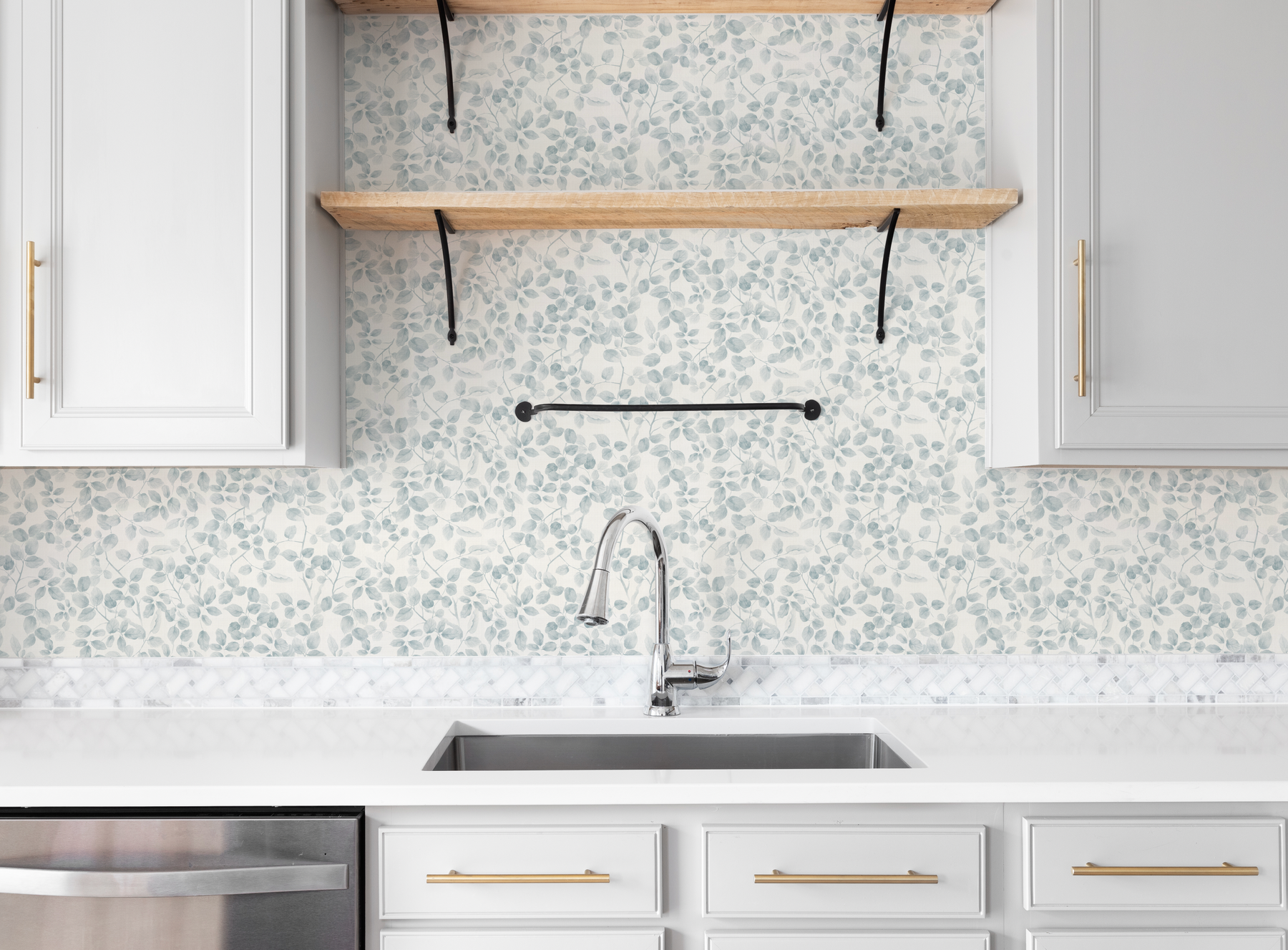 Leafy Country Foliage in Blue & White Wallpaper from Olive et Oriel where you can shop wallpaper and artworks online