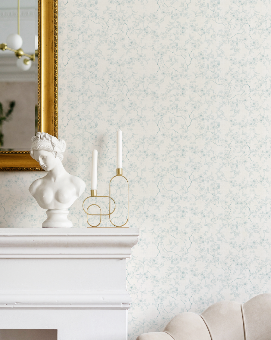 Country Floral Stems in Soft Blue Wallpaper from Olive et Oriel where you can shop wallpaper and artworks online