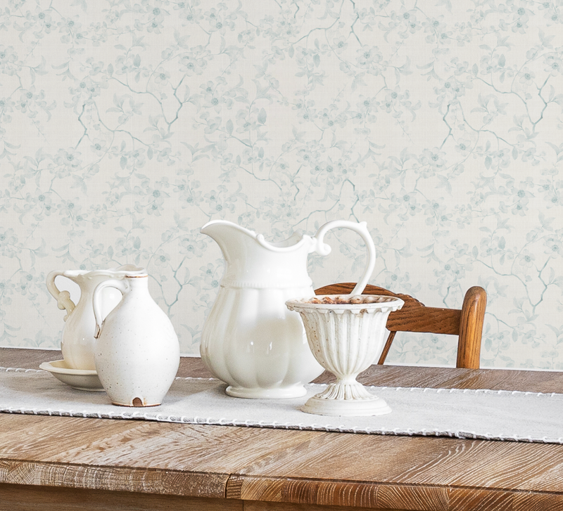 Country Floral Stems in Soft Blue Wallpaper from Olive et Oriel where you can shop wallpaper and artworks online