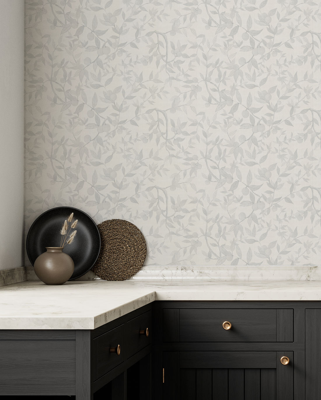 Citrus Tree Luxe in Soft Grey Wallpaper from Olive et Oriel where you can shop wallpaper and artworks online