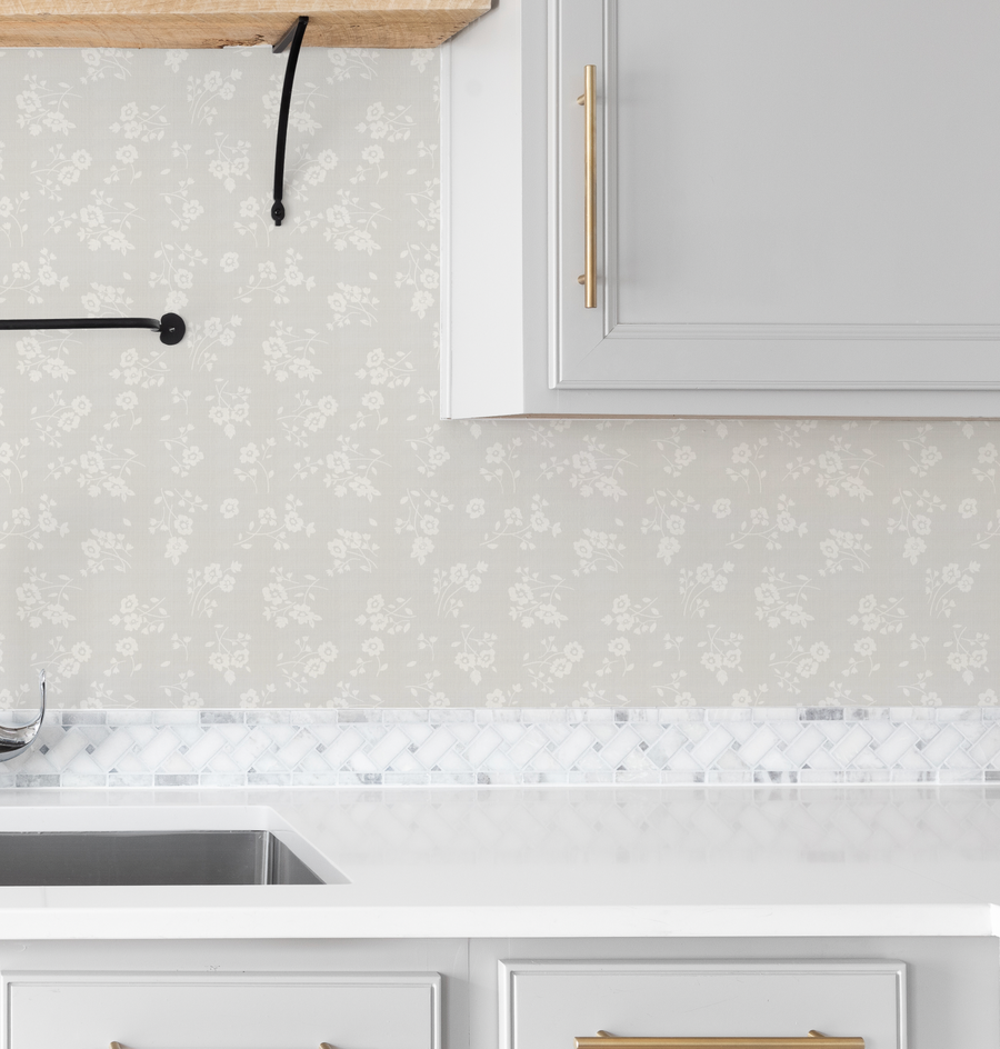 Falling Posies in Soft Grey Wallpaper from Olive et Oriel where you can shop wallpaper and artworks online