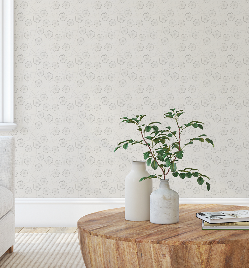 Dandelion's in Spring in Soft Grey Wallpaper
