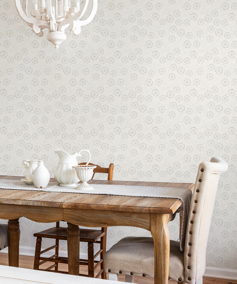 Dandelion's in Spring in Soft Grey Wallpaper from Olive et Oriel where you can shop wallpaper and artworks online