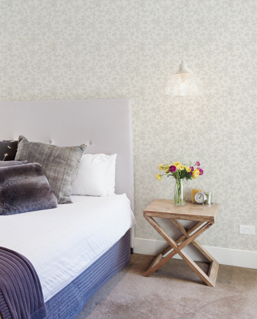 Garden Foliage in Soft Grey Wallpaper from Olive et Oriel where you can shop wallpaper and artworks online