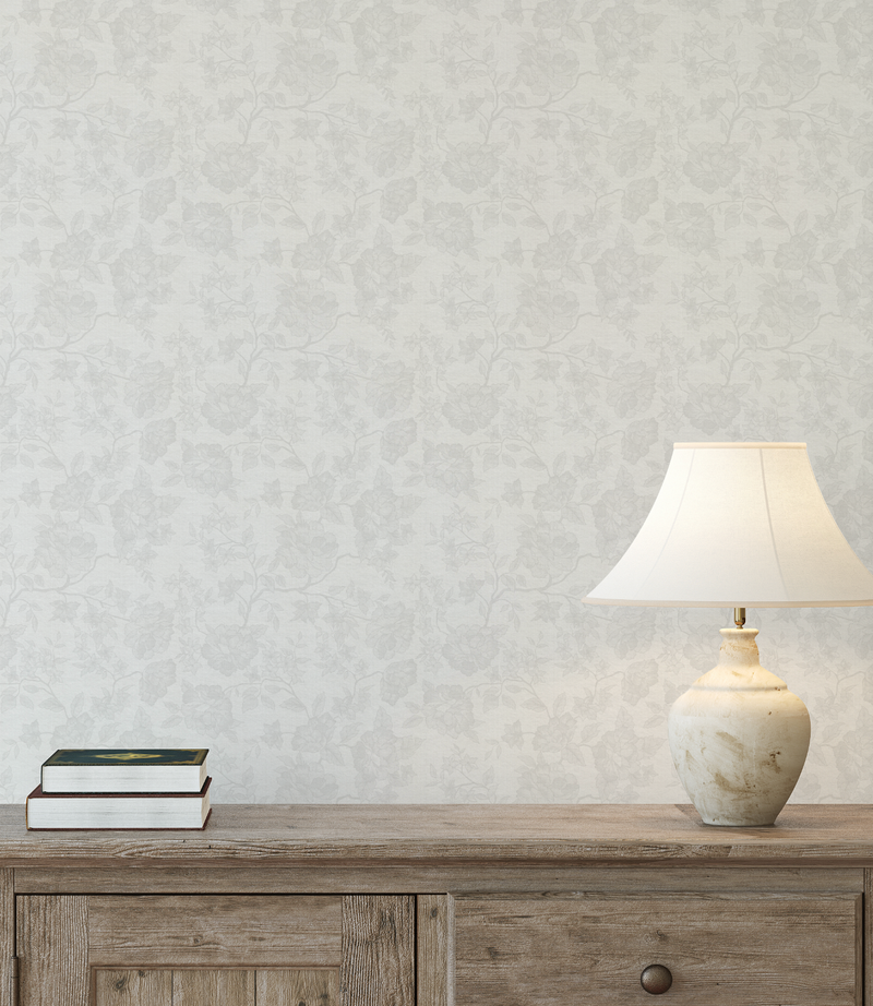Country Rose Vines in Soft Grey Wallpaper from Olive et Oriel where you can shop wallpaper and artworks online