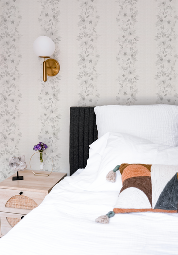 Flower Stripes in Soft Grey Wallpaper from Olive et Oriel where you can shop wallpaper and artworks online