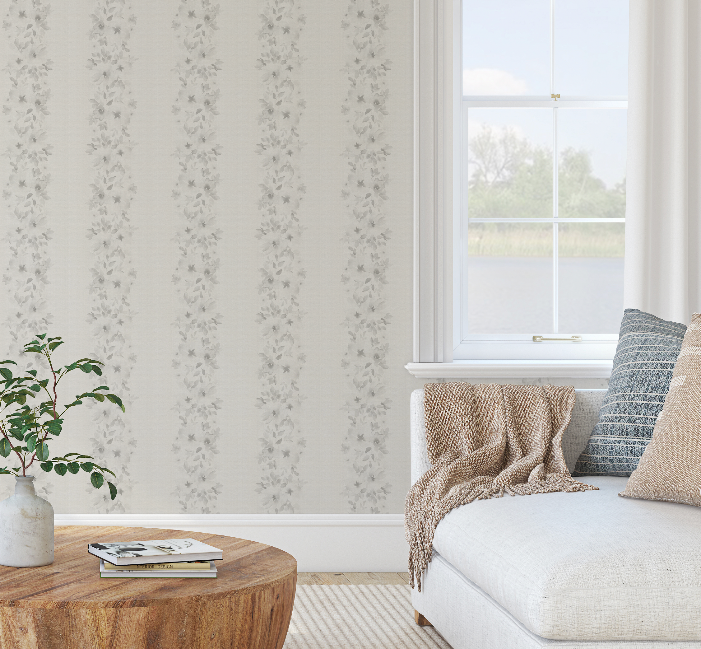 Flower Stripes in Soft Grey Wallpaper