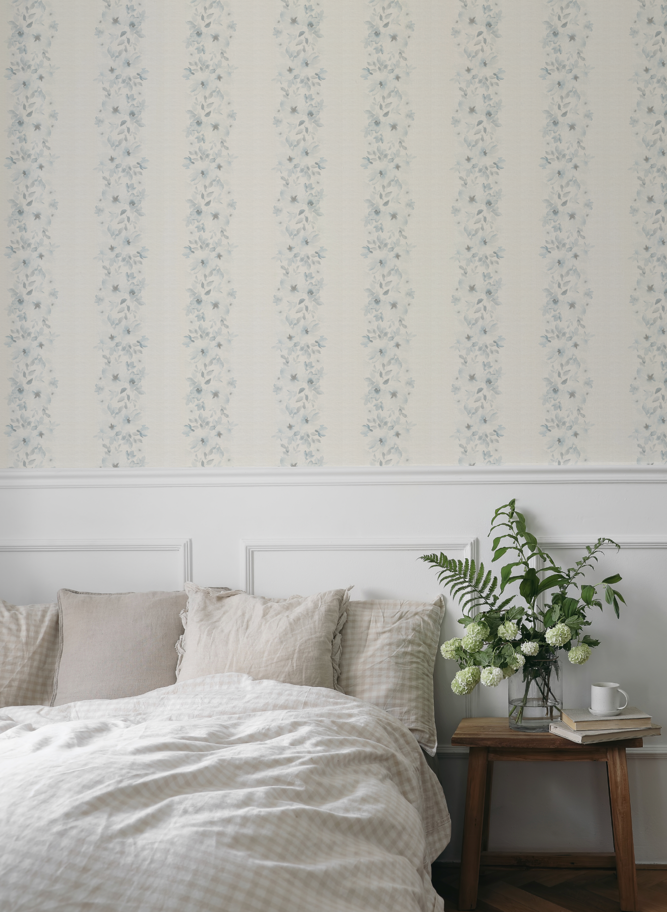 Flower Stripes in Blue & White Wallpaper