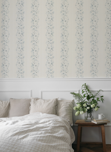 Flower Stripes in Blue & White Wallpaper from Olive et Oriel where you can shop wallpaper and artworks online