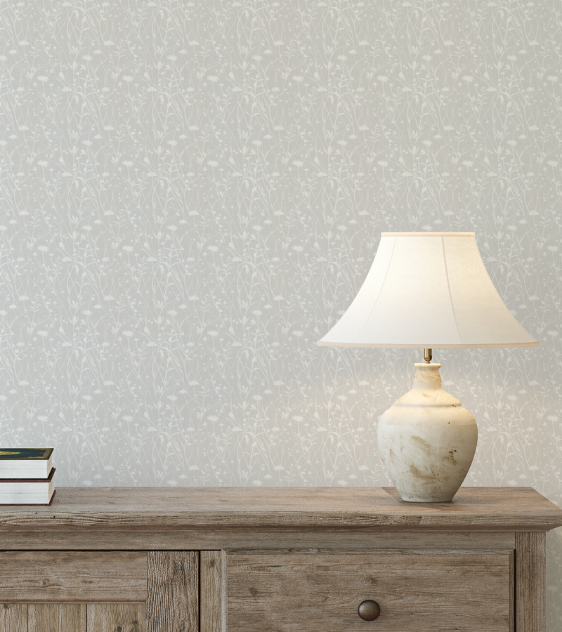 Meadow Floral in Soft Grey Wallpaper from Olive et Oriel where you can shop wallpaper and artworks online