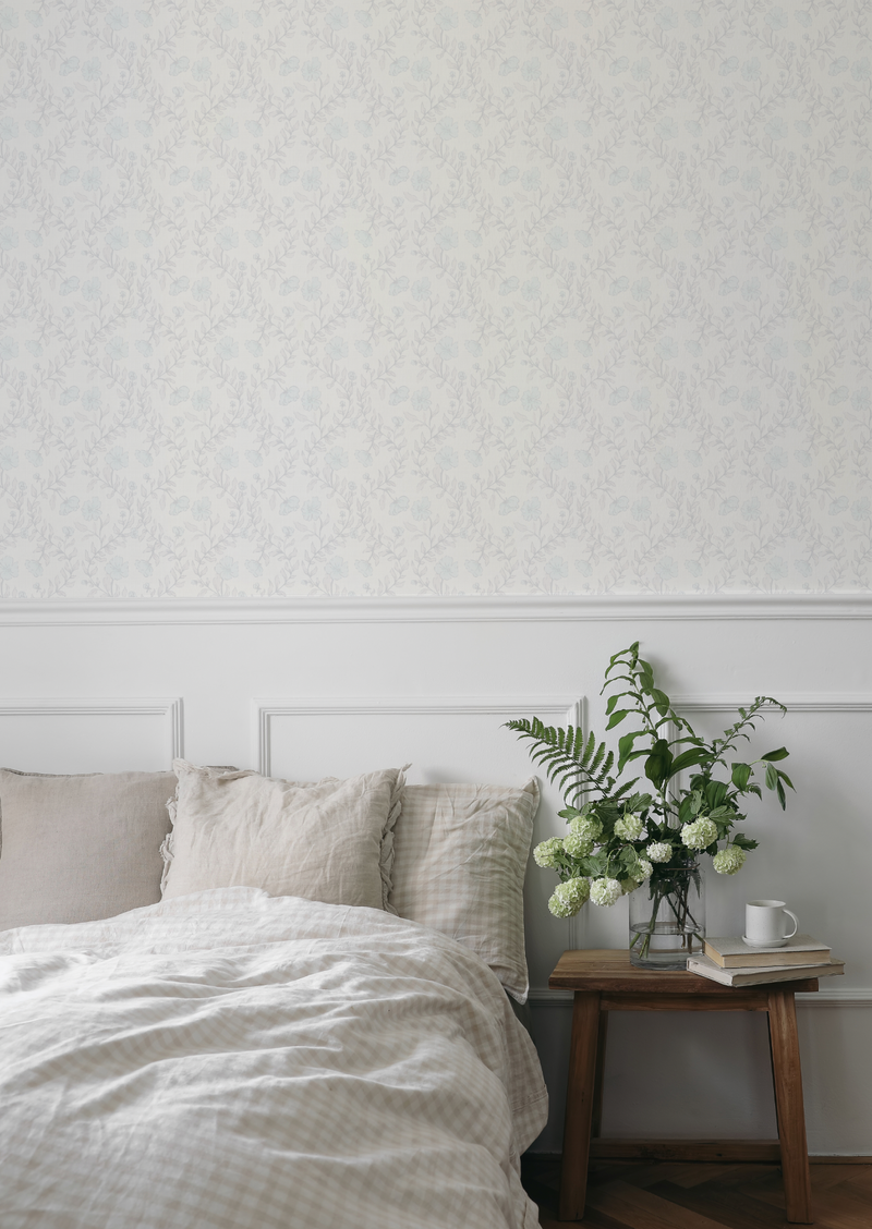 Country Floral Climber in Light Blue Wallpaper from Olive et Oriel where you can shop wallpaper and artworks online