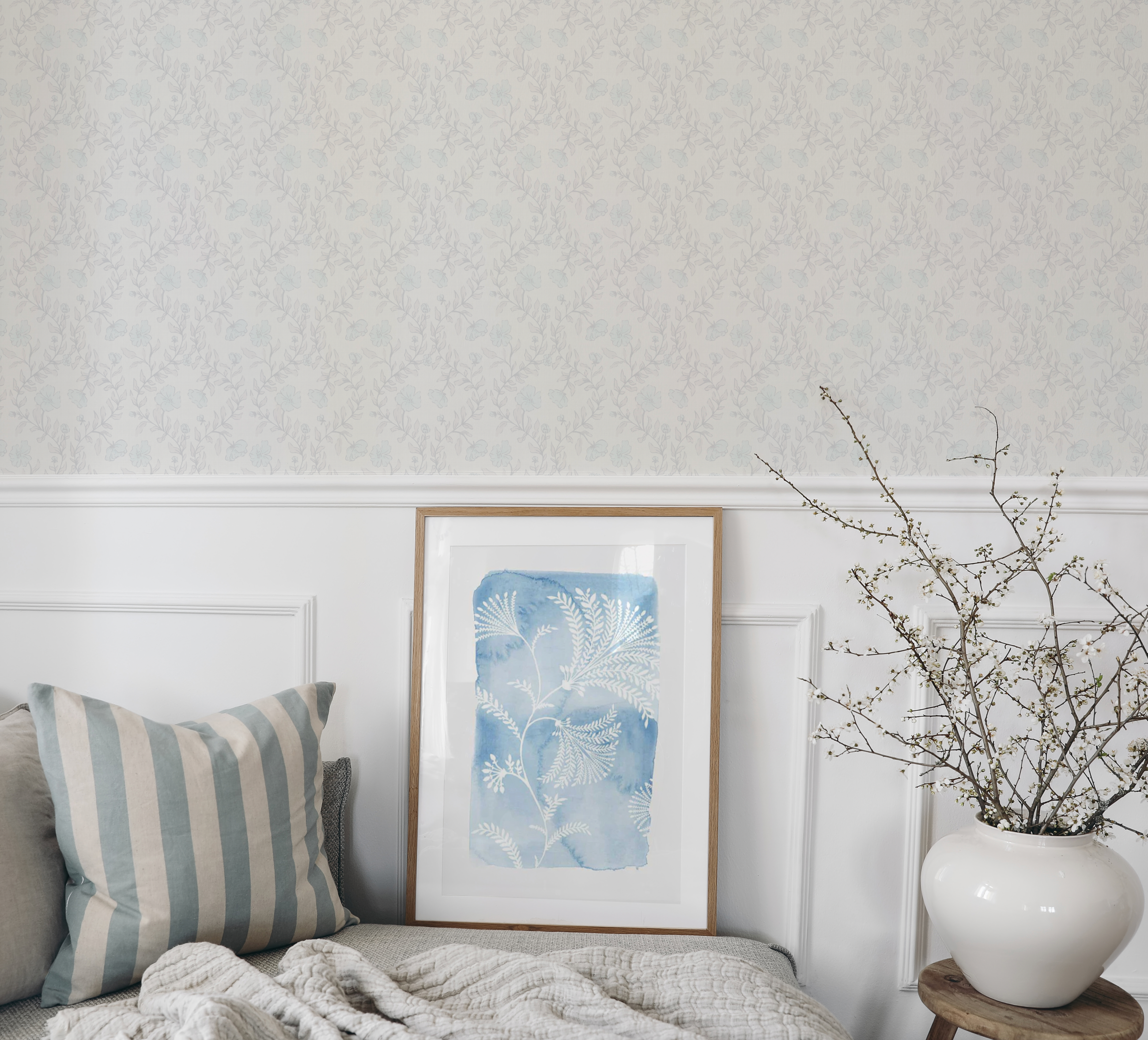 Country Floral Climber in Light Blue Wallpaper