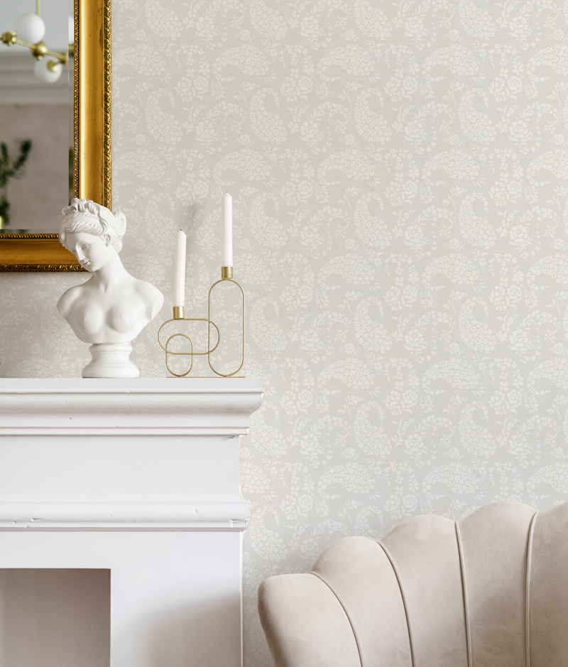 French Paisley in Soft Grey Wallpaper from Olive et Oriel where you can shop wallpaper and artworks online