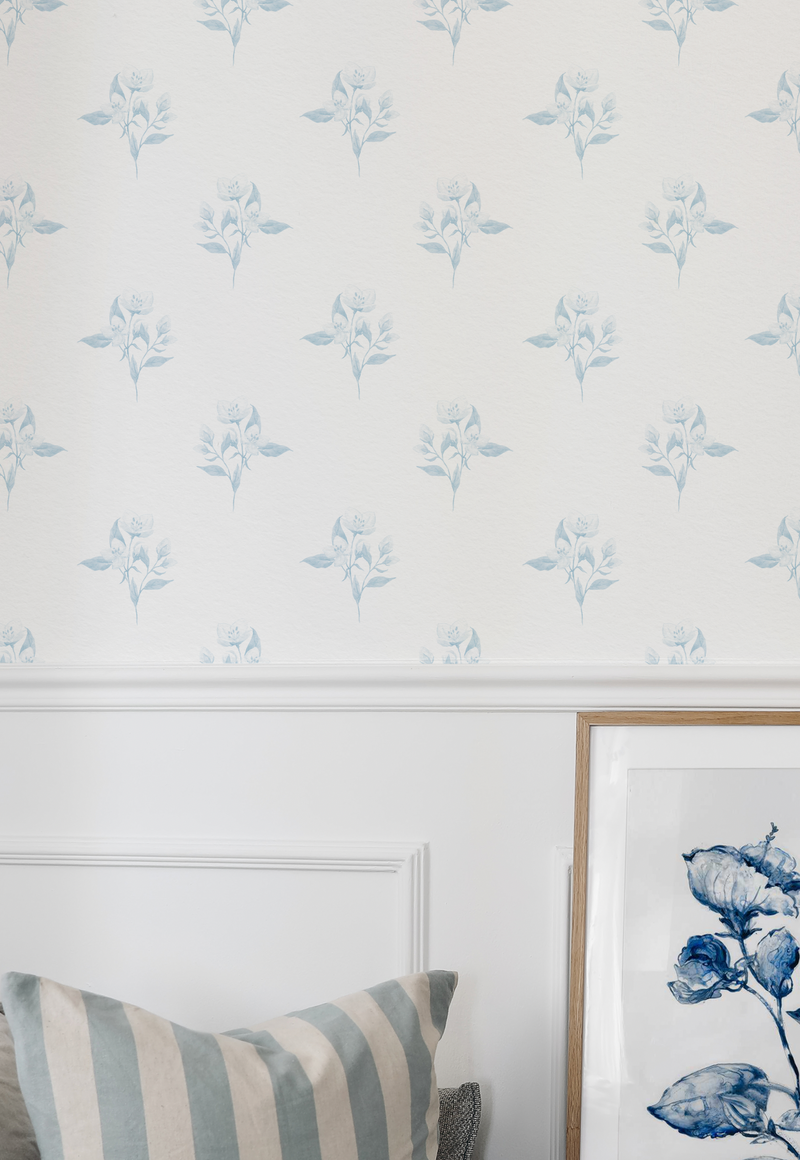 Homestead Flower Drop in Blue & White Wallpaper from Olive et Oriel where you can shop wallpaper and artworks online