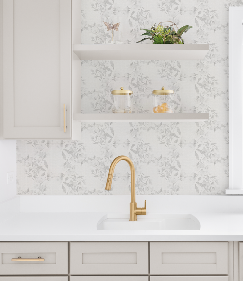 Calming Florals in Soft Grey Wallpaper from Olive et Oriel where you can shop wallpaper and artworks online