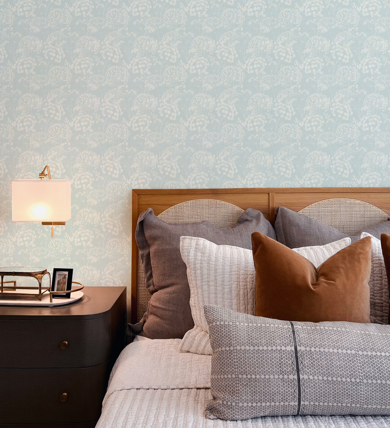 Dandelions in Bloom in Soft Blue Wallpaper from Olive et Oriel where you can shop wallpaper and artworks online