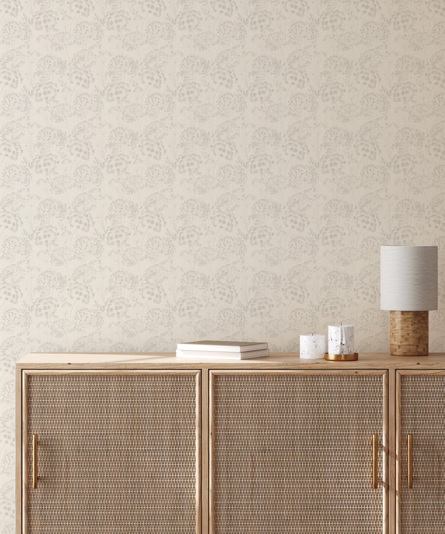 Dandelions in Bloom in Soft Grey Wallpaper from Olive et Oriel where you can shop wallpaper and artworks online
