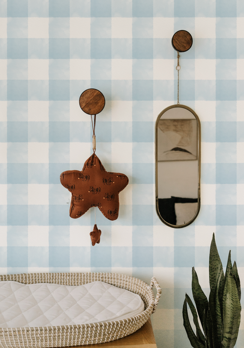 Watercolour Gingham in Light Blue Wallpaper from Olive et Oriel where you can shop wallpaper and artworks online