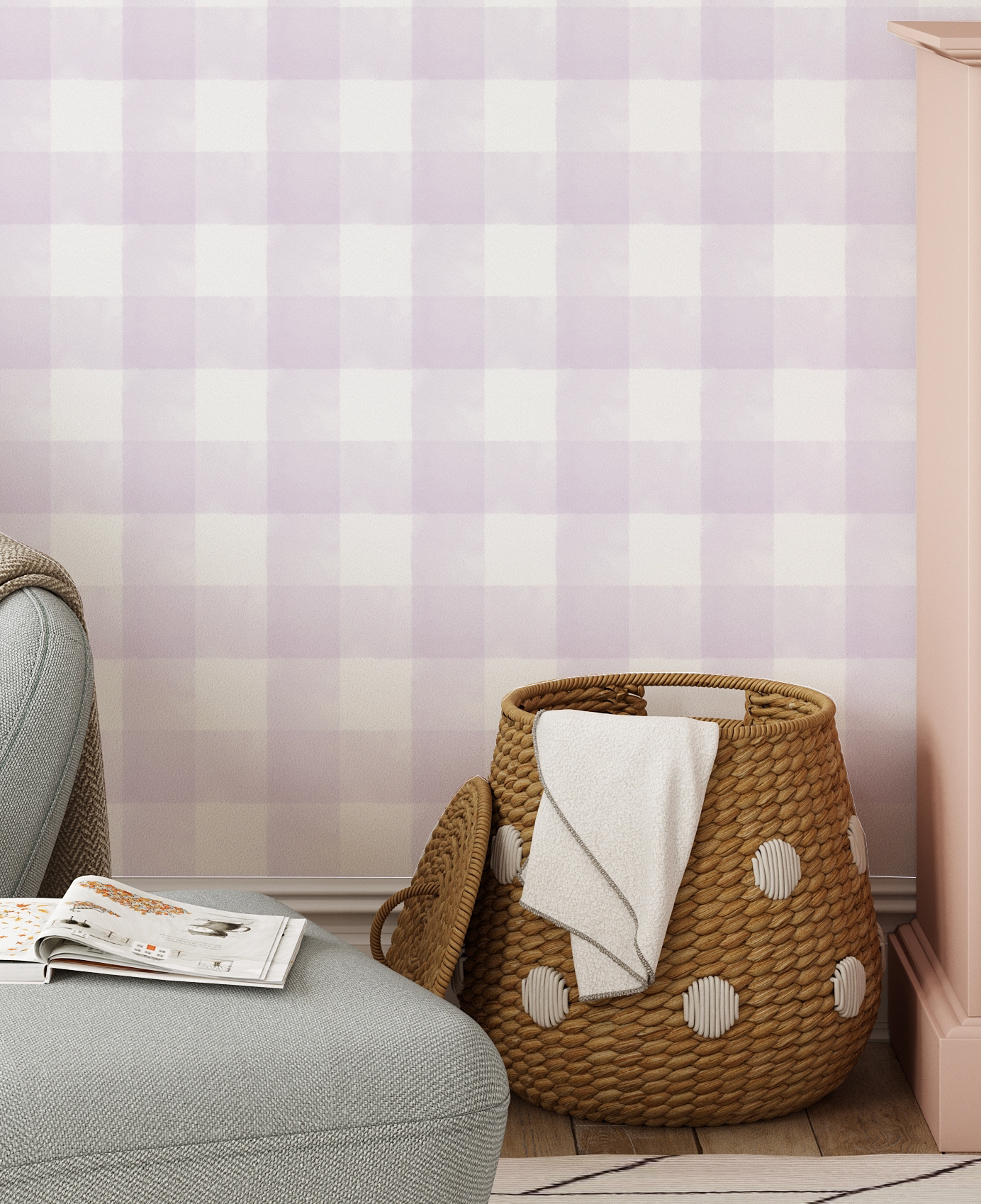 Watercolour Gingham in Lilac Purple Wallpaper