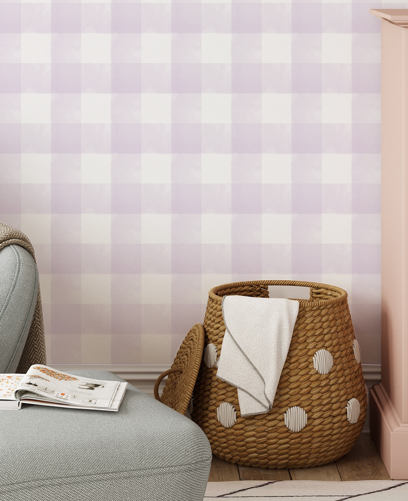 Watercolour Gingham in Lilac Purple Wallpaper from Olive et Oriel where you can shop wallpaper and artworks online
